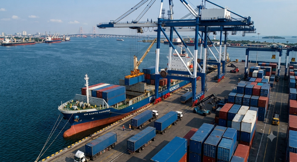 Aktivitas bongkar muat kargo container di pelabuhan Surabaya untuk ekspedisi laut domestik.